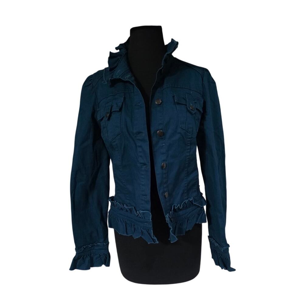 INC Dark Teal Ruffled Button Up Jacket - Medium